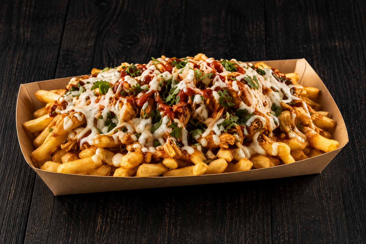 Loaded fries met pulled chicken